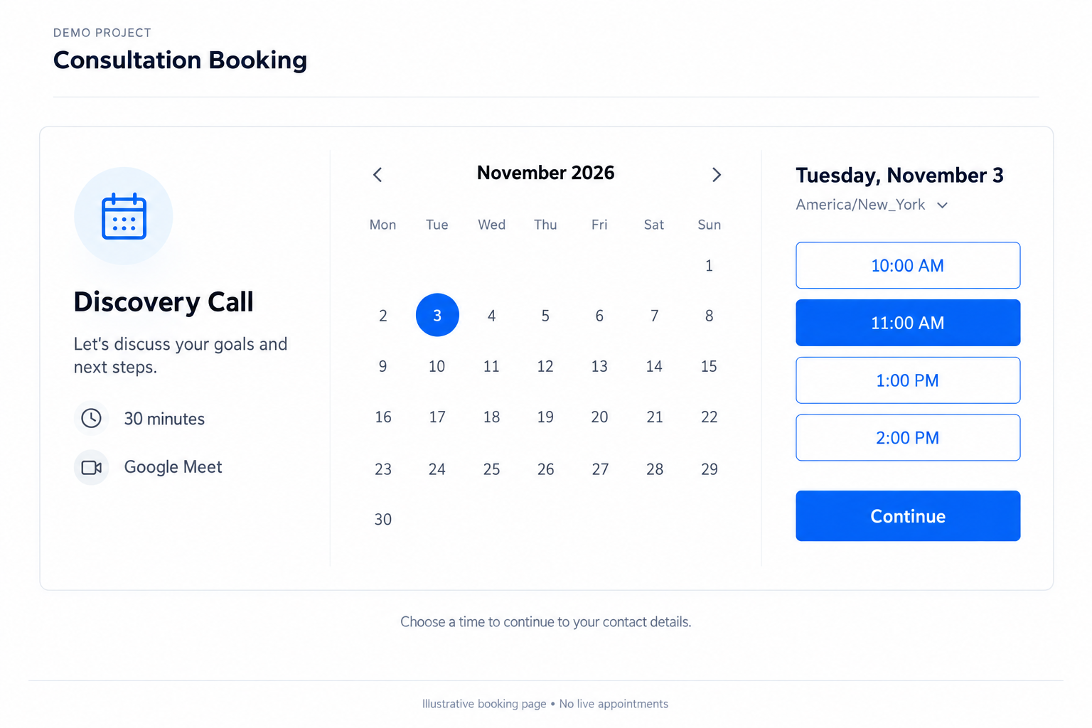 Consultation booking page with a discovery call calendar